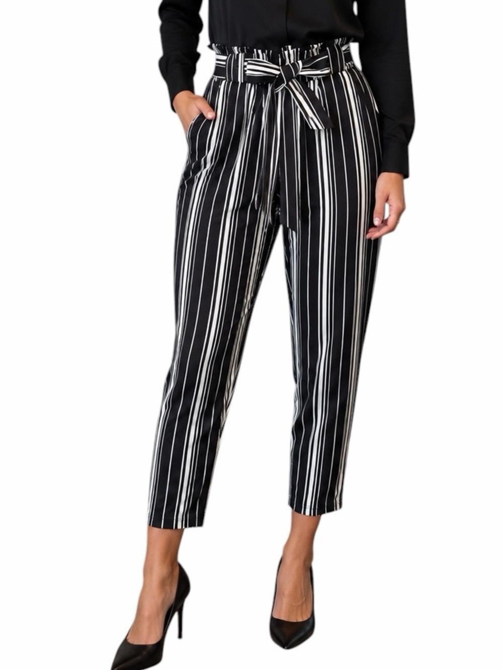 Grace Karin Small Black & White Stripe High Waist Belted Ankle Pants Paperbag